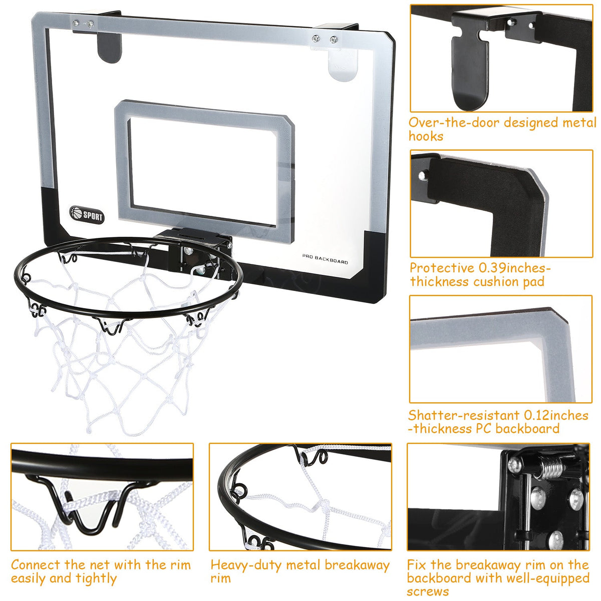 Mini Basketball Hoop System / Set Over the Door with Backboard, Breakaway Rim, Basketball, Pump, Tools