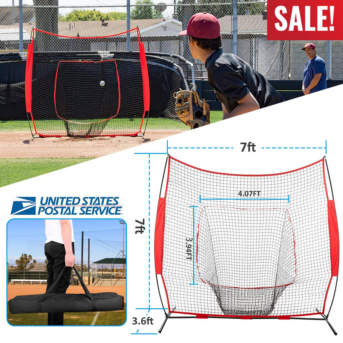 7x7ft Baseball / Softball / T-ball Training Net w/ Bow Frame Carrying Bag for Solo Team Training