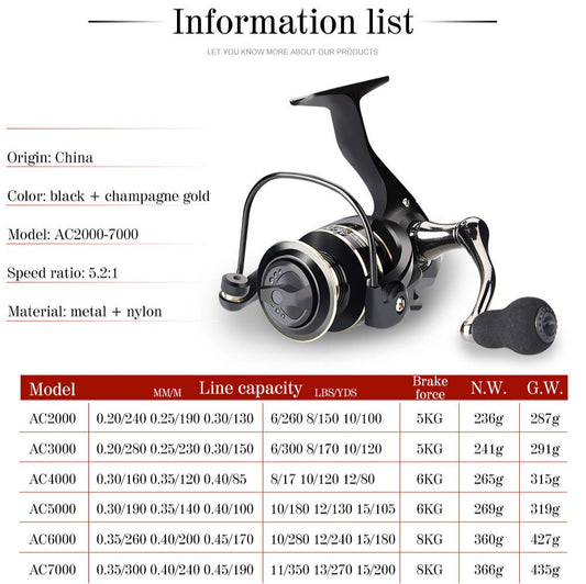 New 13+1BB Fishing Spinning Reel 2000-6000 No Gap Metal Spool Gear Ratio 5.2:1