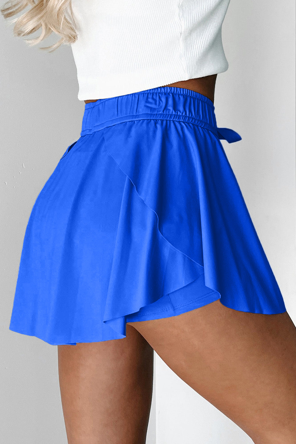 Women's Sky Blue Drawstring Elastic Waistband Lined Tennis Skorts