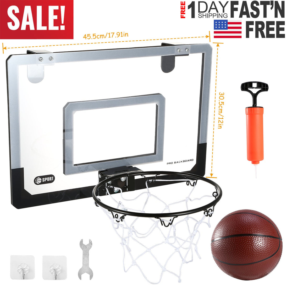 Mini Basketball Hoop System / Set Over the Door with Backboard, Breakaway Rim, Basketball, Pump, Tools