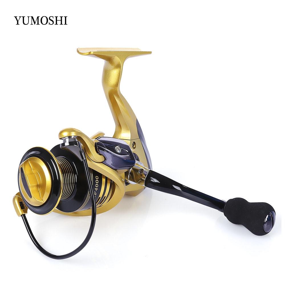 YUMOSHI  Full Metal Spinning Fishing Reel Pesca Aluminum Spool  Tackle With Foldable Handle