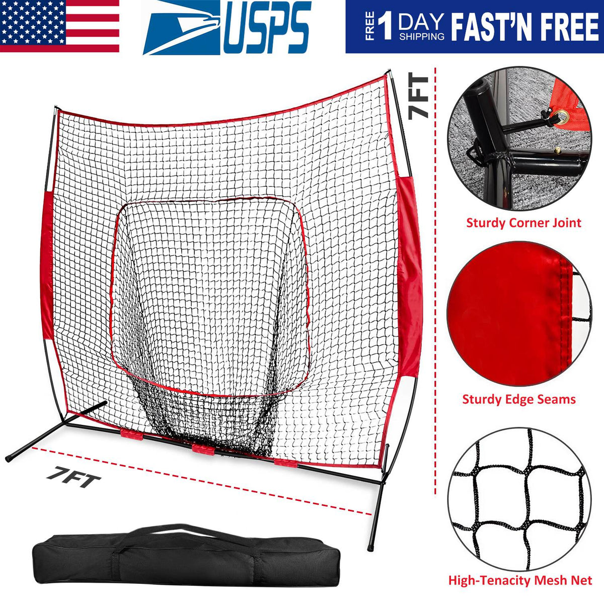 7x7ft Baseball / Softball / T-ball Training Net w/ Bow Frame Carrying Bag for Solo Team Training