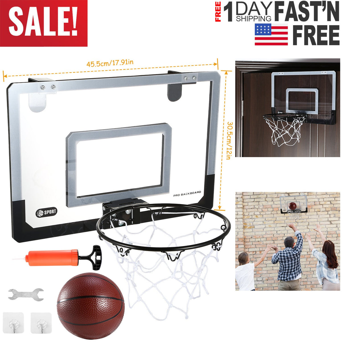 Mini Basketball Hoop System / Set Over the Door with Backboard, Breakaway Rim, Basketball, Pump, Tools