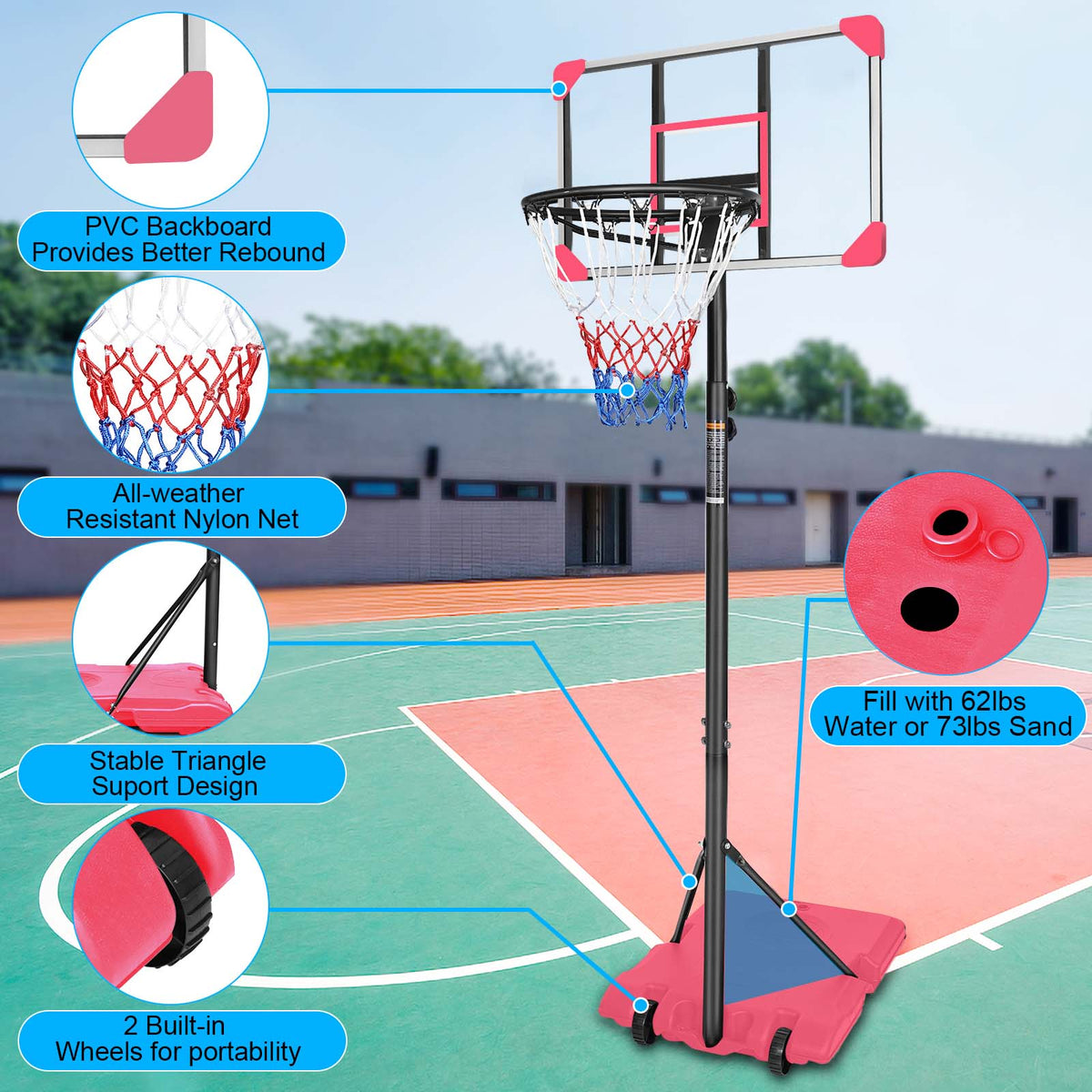 Junior Portable Basketball Goal System with Stable Base and Wheels / Indoor Outdoor