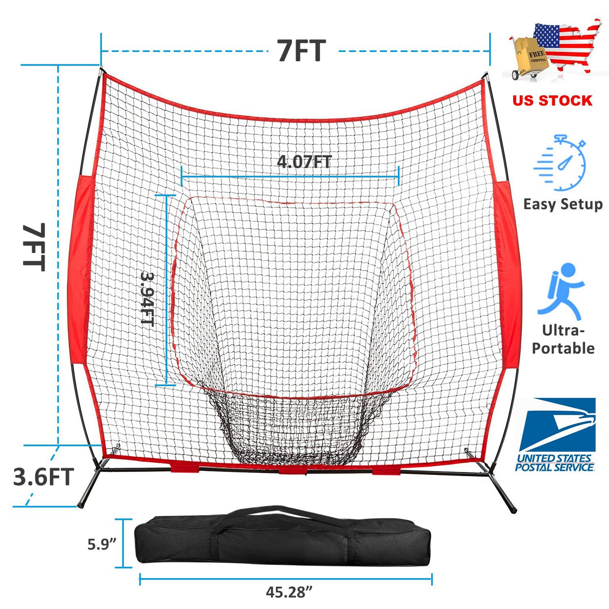 7x7ft Baseball / Softball / T-ball Training Net w/ Bow Frame Carrying Bag for Solo Team Training