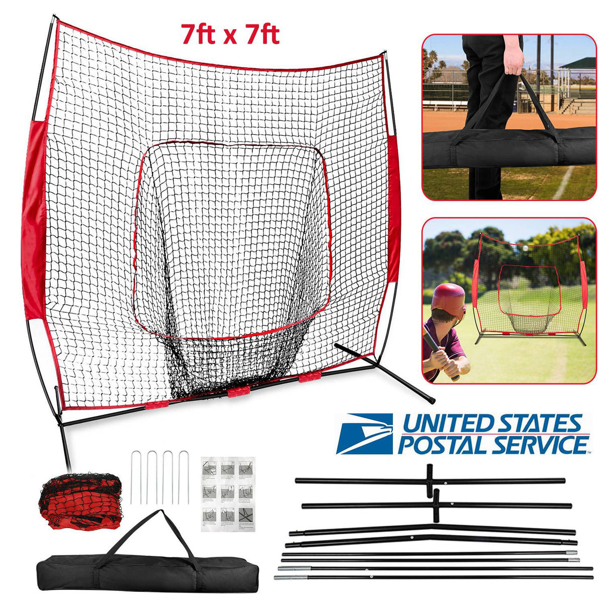 7x7ft Baseball / Softball / T-ball Training Net w/ Bow Frame Carrying Bag for Solo Team Training