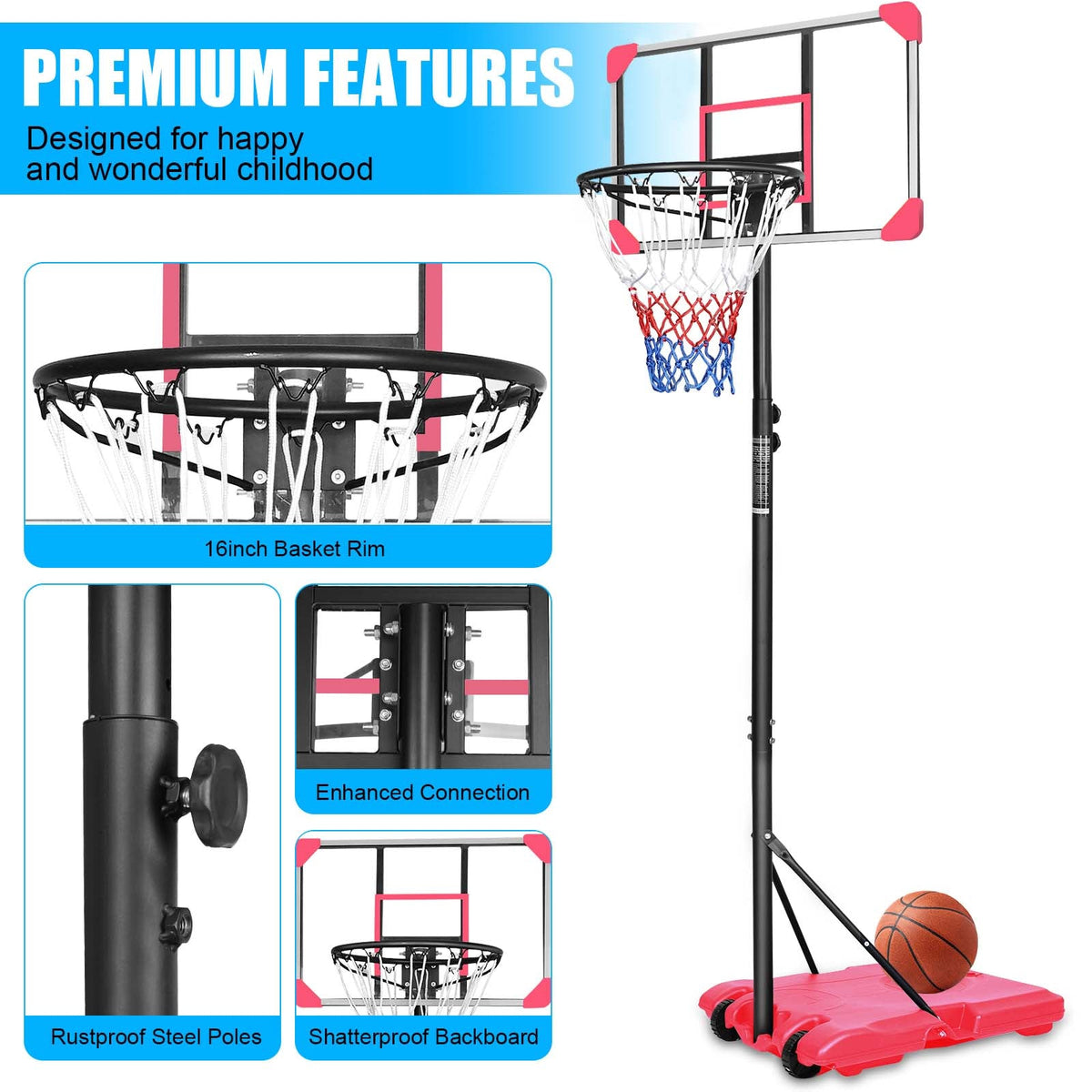 Junior Portable Basketball Goal System with Stable Base and Wheels / Indoor Outdoor