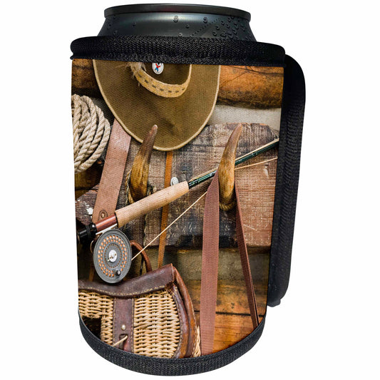 3dRose Danita Delimont - Montana. Fishing Gear and Hat, Log Cabin - Can Cooler Bottle Wrap (cc_91611)
