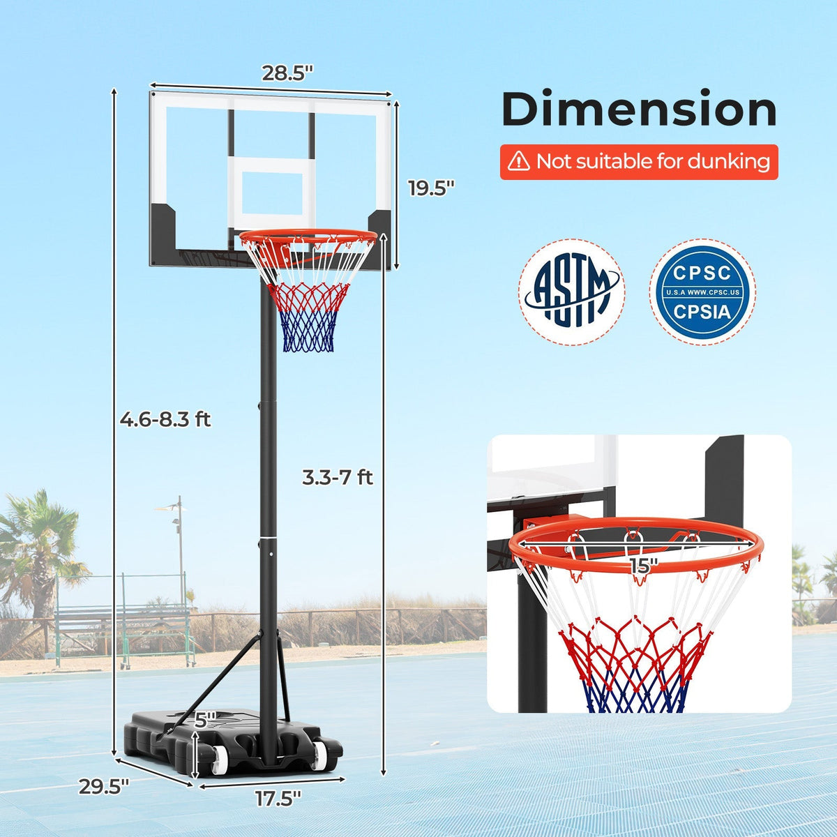3.3-7 Feet Portable Adjustable Outdoor Kids Basketball Hoop Goal System