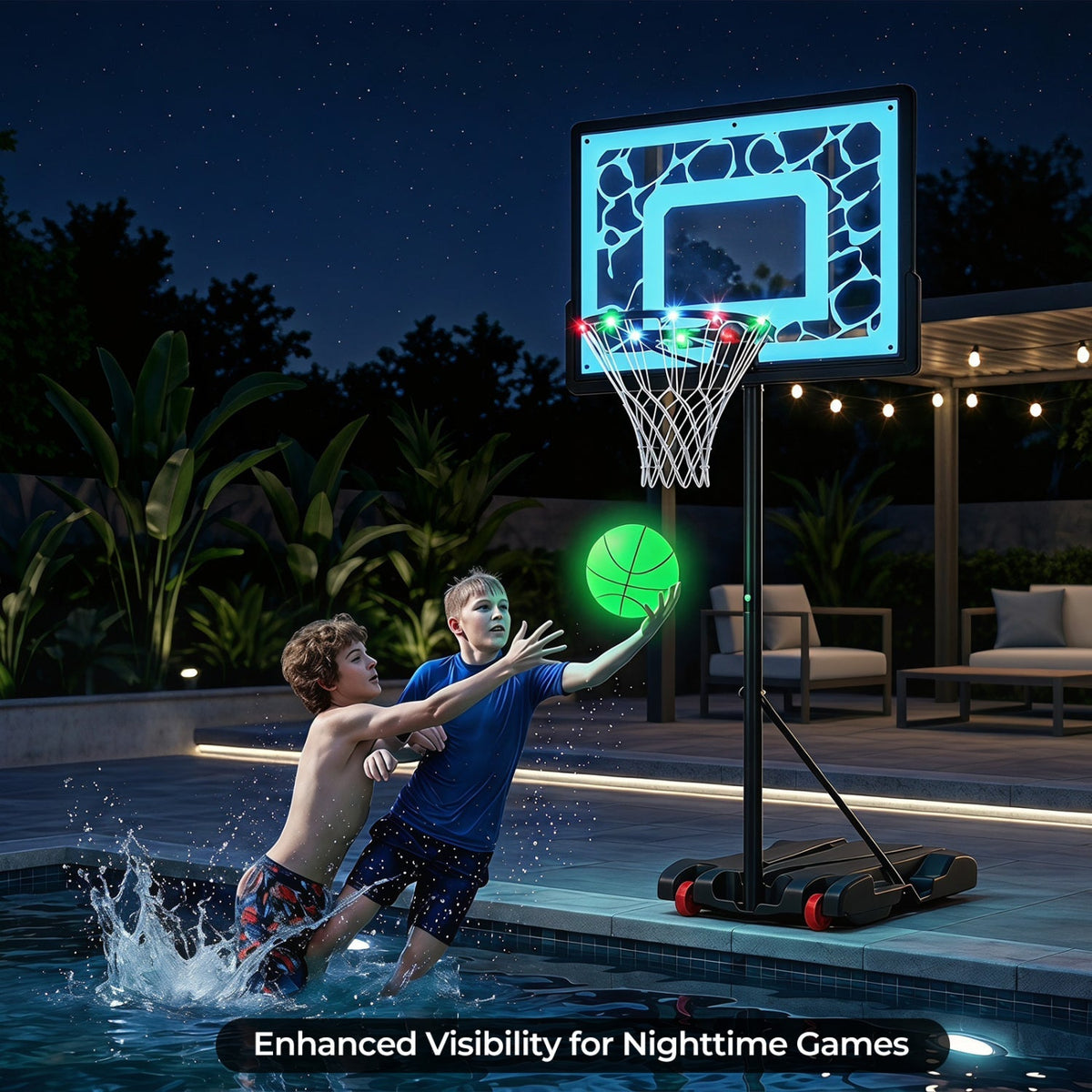 Adjustable Pool Basketball Hoop with LED Lights