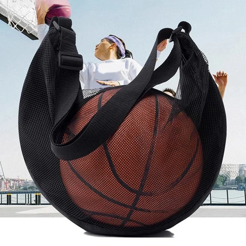 Single Basketball Storage Bag with Zipper Pocket - Drawstring Sling Storage Net