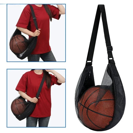 Single Basketball Storage Bag with Zipper Pocket - Drawstring Sling Storage Net