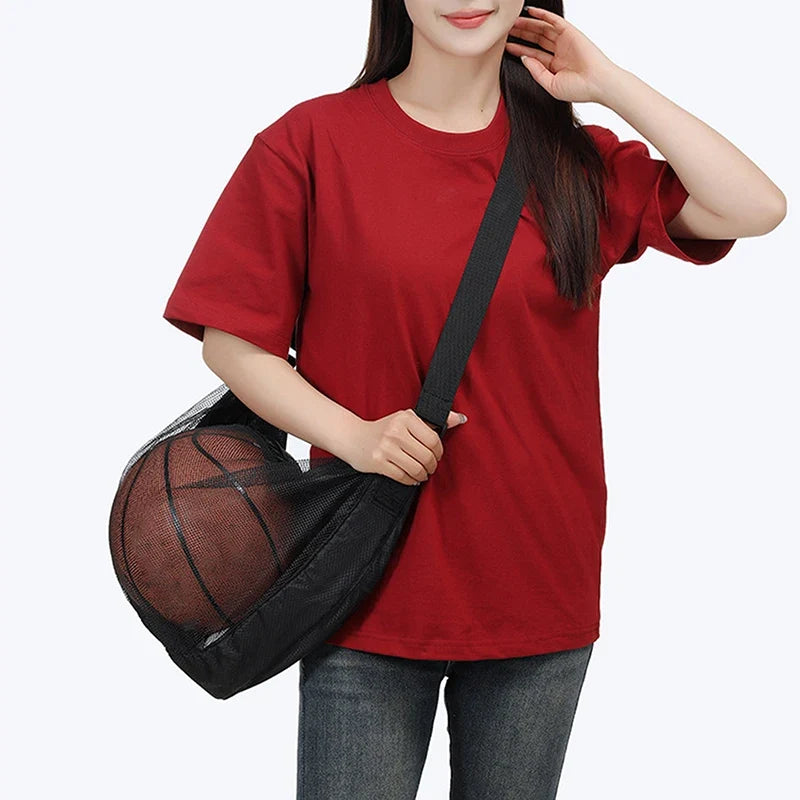 Single Basketball Storage Bag with Zipper Pocket - Drawstring Sling Storage Net
