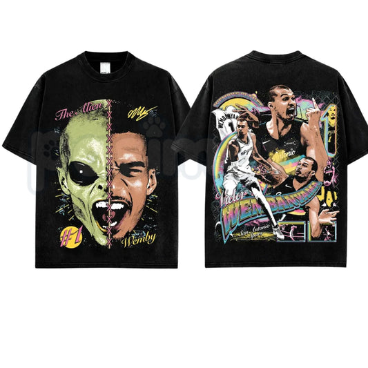 Victor Wembanyama VW1 T-Shirt – Premium Cotton San Antonio Basketball Graphic Tee, Vintage Washed Alien French Prodigy Streetwear