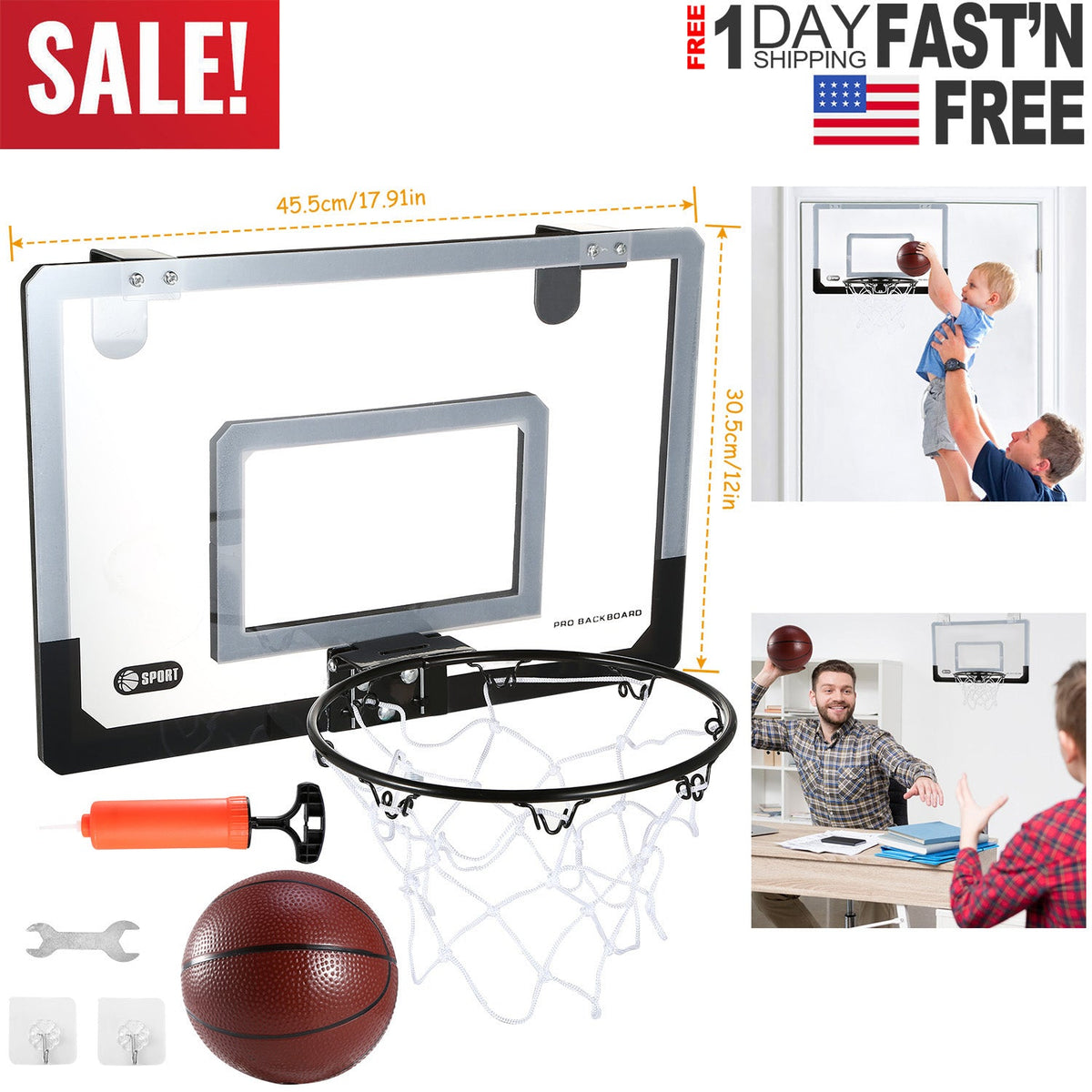 Mini Basketball Hoop System / Set Over the Door with Backboard, Breakaway Rim, Basketball, Pump, Tools