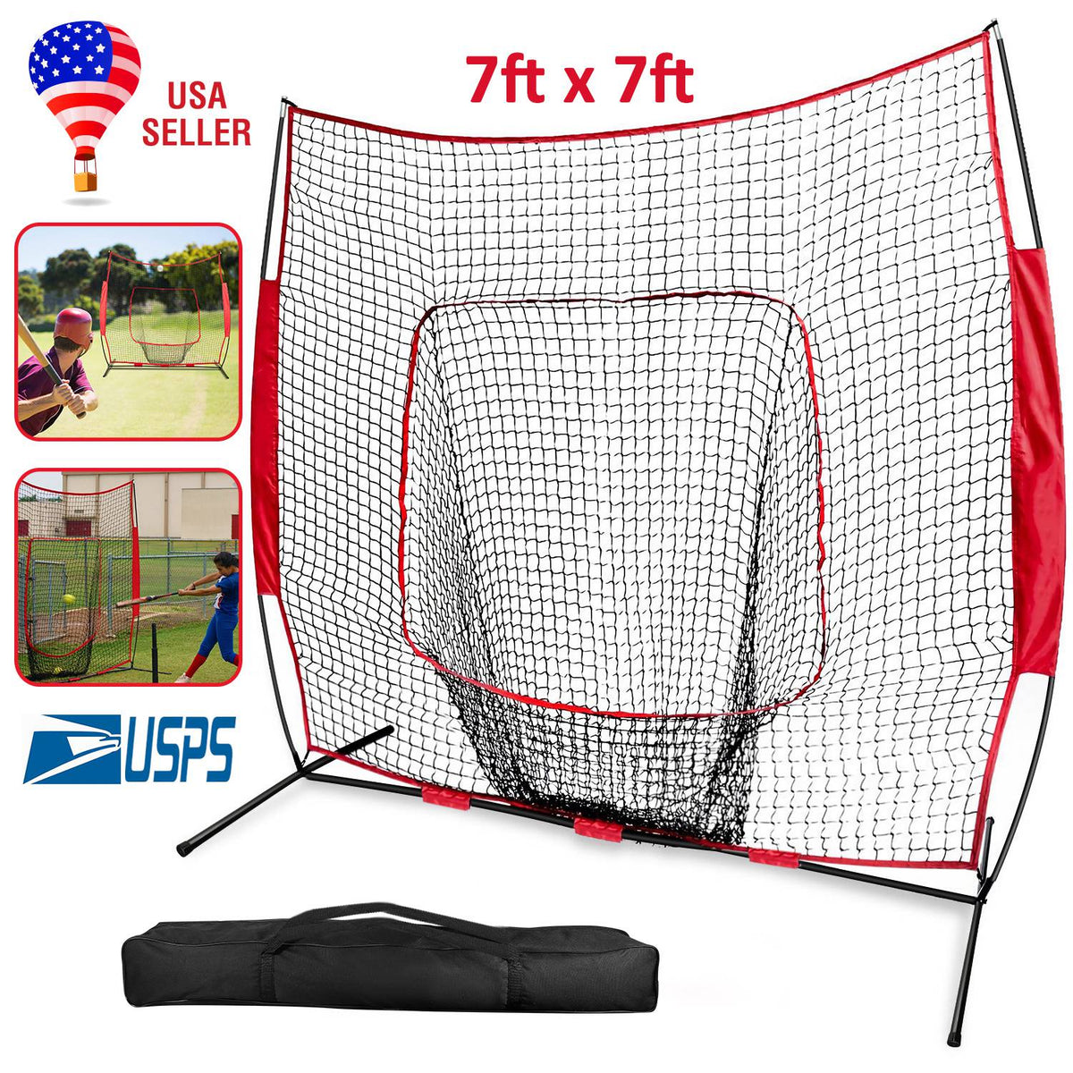 7x7ft Baseball / Softball / T-ball Training Net w/ Bow Frame Carrying Bag for Solo Team Training