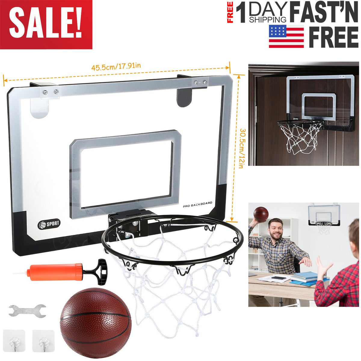 Mini Basketball Hoop System / Set Over the Door with Backboard, Breakaway Rim, Basketball, Pump, Tools