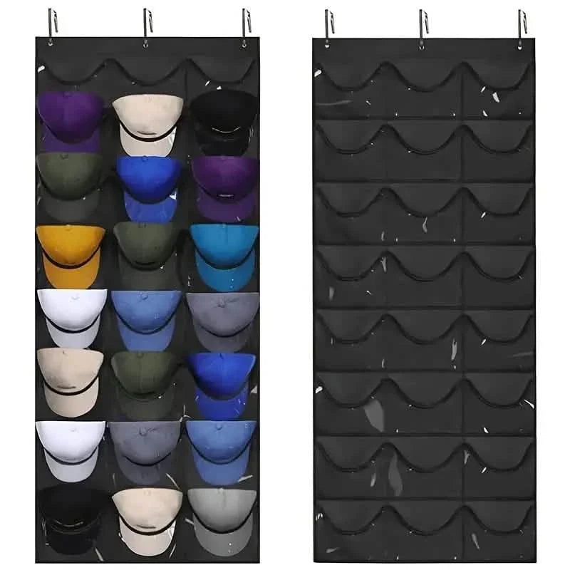 Visible Baseball Hat Rack for Wall Door with 3 Hooks - 24 Deep Pockets