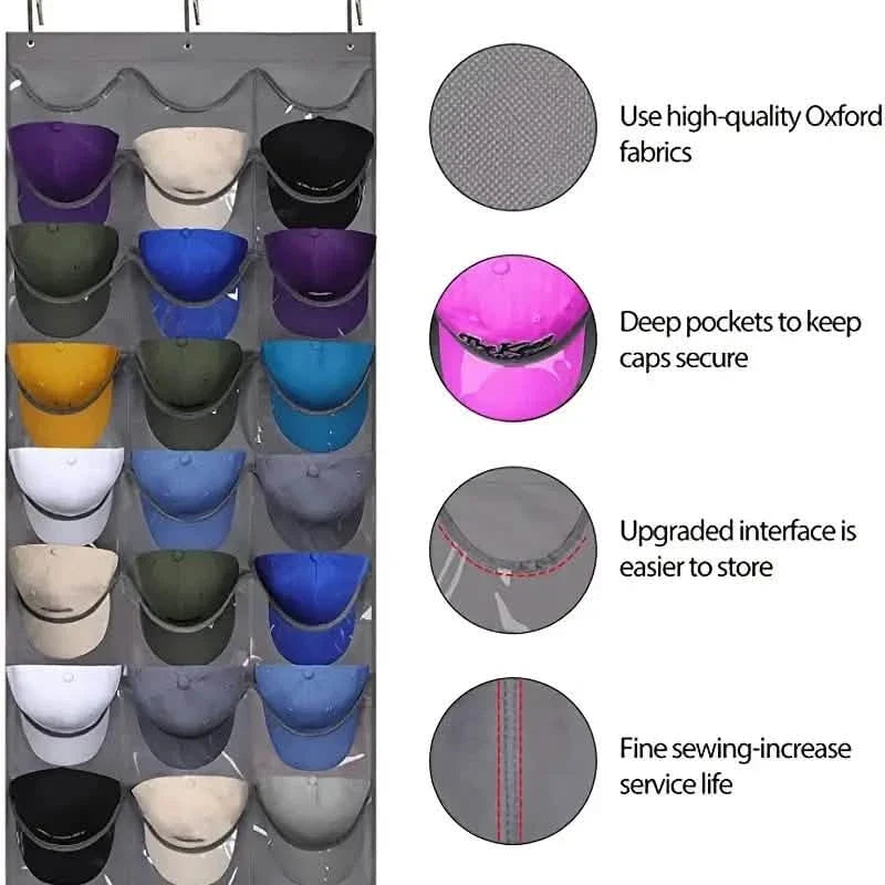 Visible Baseball Hat Rack for Wall Door with 3 Hooks - 24 Deep Pockets