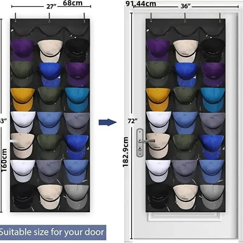 Visible Baseball Hat Rack for Wall Door with 3 Hooks - 24 Deep Pockets