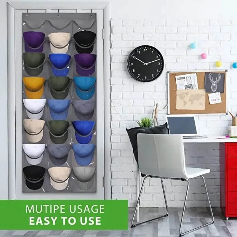 Visible Baseball Hat Rack for Wall Door with 3 Hooks - 24 Deep Pockets