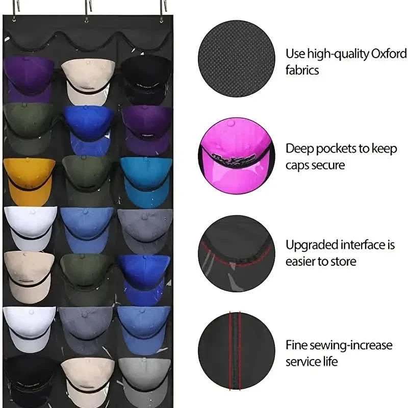 Visible Baseball Hat Rack for Wall Door with 3 Hooks - 24 Deep Pockets