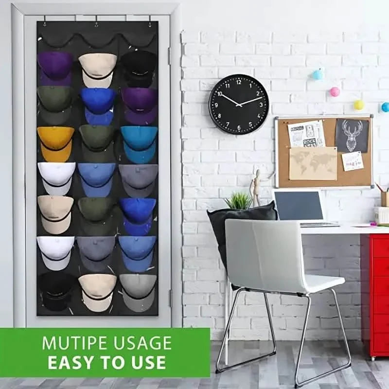 Visible Baseball Hat Rack for Wall Door with 3 Hooks - 24 Deep Pockets